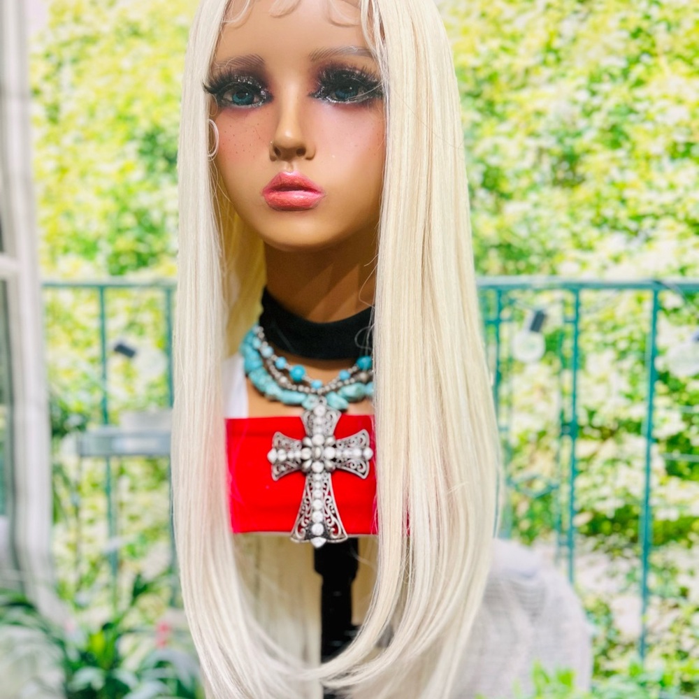 Bleach Blonde Lace Front Baby Hair Bangs Long Wig